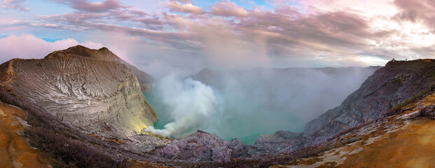Lake and Sulfur Mine at Khawa Ijen Volcano Crater, Java Island, Indonesia