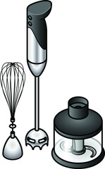 A wand/stick blender set with whisk and chopper attachments.