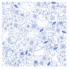Christmas winter vector background with children. Kids vacation and sport.