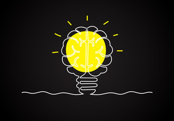 Continuous line Brain light bulb on black background, Icon or Emblem trendy linear style.
