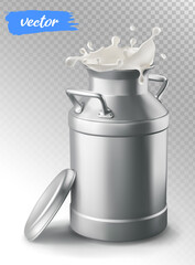 Milk can container and milk splash. 3d vector element for package design. - 382959564