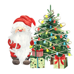 Watercolor Christmas composition with Santa Claus, gifts, Christmas tree, sleigh