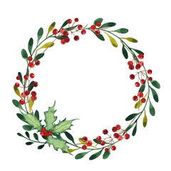 Watercolor Christmas wreath with green branches and holly berries