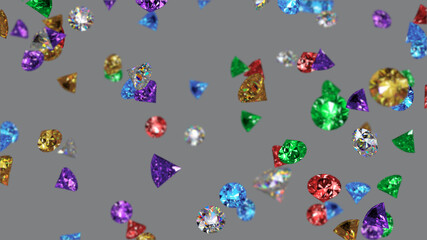 Rain of colorful brilliant diamonds 3D rendering illustration