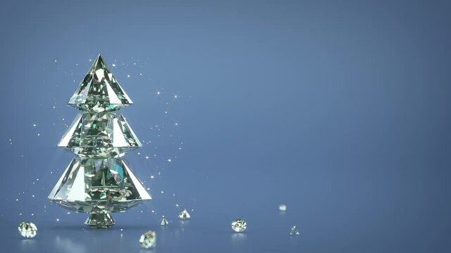 Christmas tree made of diamonds and free space. New yaer greetings template. 3D render animation. The last 5 seconds are loopable