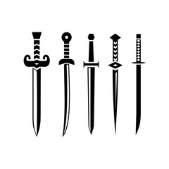 Swords knives daggers sharp blades flat icon  Black silhouettes set isolated vector illustration