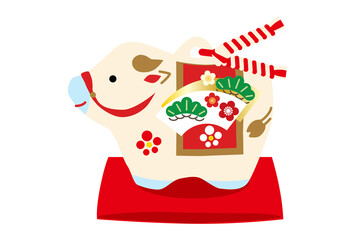 丑年の土鈴年賀状-白色背景和風イラスト