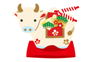 丑年の土鈴年賀状-白色背景和風イラスト