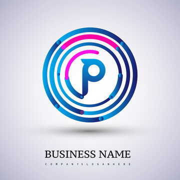 Letter P vector logo symbol in the circle thin line colored blue and red. Design for your business or company identity.