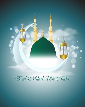 Vector illustration of Eid Milad-Un-Nabi means birth of the Prophet,  mosque, moon, stars, lanterns, muslim pattern and bokeh background, Islamic  greeting banner template. Stock Vector | Adobe Stock