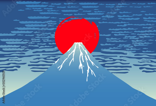 富士と日の出浮世絵風富士山和風年賀状背景 Wall Mural Rrice 富士と日の出浮世絵風富士山和風年賀状背景 Wall Mural Rrice
