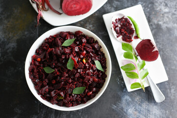 Beetroot curry stir fry, Kerala style organic beetroot Thoran curry recipe on white background....