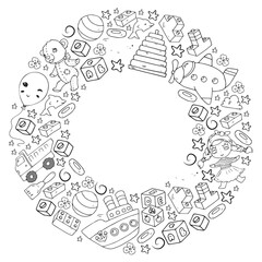 Set of vector toys for little children. Ufo, submarine. Cartoon dinosaur. Kindergarten kids.