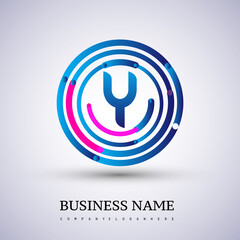 Letter Y vector logo symbol in the circle thin line colored blue and red. Design for your business or company identity.