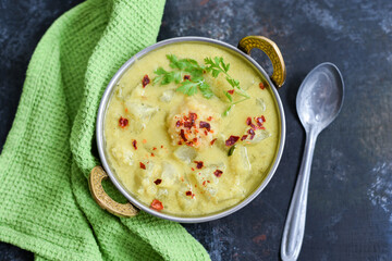 Dal fry, Dhal Tadka curry or Lauki Chana Dal curry in Mumbai, India. popular North Indian side dish for roti flatbread , Chapati, Paratha, Parnatha, rice, Naan. 