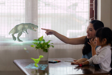 smart learning with augmented mixed virtual reality technology education concept, mother try to teach daughter by using artificial intelligence in subject in math, Science for creation, interaction,