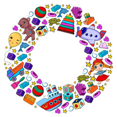 Set of vector toys for little children. Ufo, submarine. Cartoon dinosaur. Kindergarten kids.