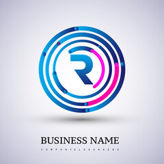 Letter R vector logo symbol in the circle thin line colored blue and red. Design for your business or company identity.