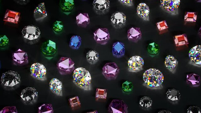 Colorful gemstones. 3D render seamless loop animation
