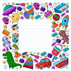Fototapeta premium Set of vector toys for little children. Ufo, submarine. Cartoon dinosaur. Kindergarten kids.