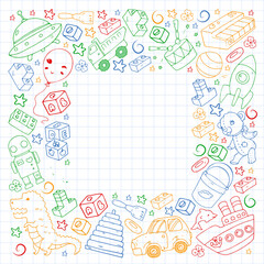 Obraz premium Set of vector toys for little children. Ufo, submarine. Cartoon dinosaur. Kindergarten kids.