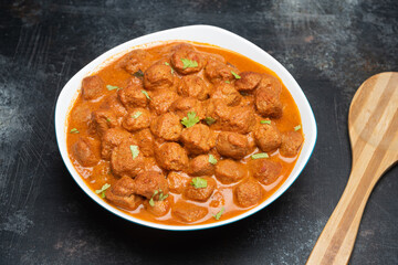 Masala Soya Chunk Curry,  Vegan curry roast healthy soy meat, chunks, ball. made using Soyabean nuggets and spices - protein rich food from Kerala, India. Indian vegetarian food.