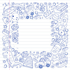 Set of vector toys for little children. Ufo, submarine. Cartoon dinosaur. Kindergarten kids.