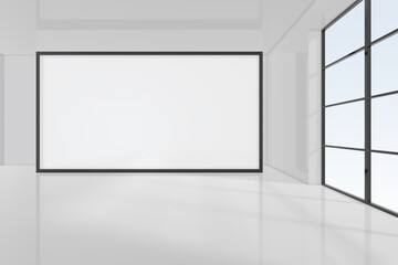 Blank picture frame on white wall in empty room, mockup. 3d rendering.
