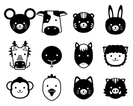 十二支の動物アイコン。干支の動物アイコン。動物　顔　シルエット　アイコン。
Zodiac animals. Animal icon set. Animal face silhouette icon.