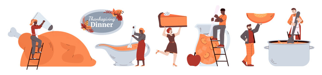 Thanksgiving Day banner or poster with cartoon people preparing dinner for the holiday table, flat cartoon vector illustration isolated on white background.