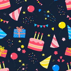 birthday pattern with attributes of the holiday, party, cake with candles, confetti, gifts on a dark background