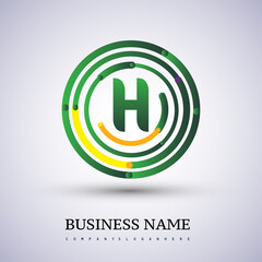 Letter H vector logo symbol in the circle thin line colored green and yellow. Design for your business or company identity.