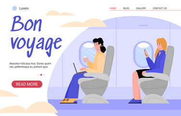 Website page for travel agency with airplane passengers cartoon characters, flat vector illustration. Travel and tourism landing page or web application layout.