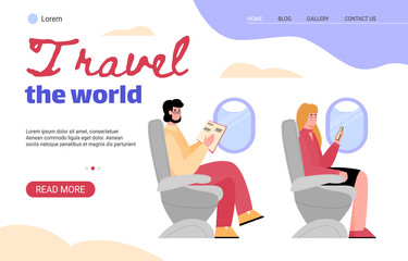 Travel the world website header with people characters during plane flight, flat cartoon vector illustration. Web page template for travel agency or airline.