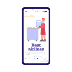 Best airlines onboaring page for mobile phone application. Flight attendant offering plane passengers food and drink, flat cartoon vector illustration white background