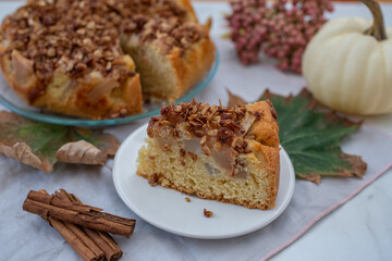 sweet home made vanilla pear pie on a table