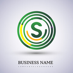 Letter S vector logo symbol in the circle thin line colored green and yellow. Design for your business or company identity.