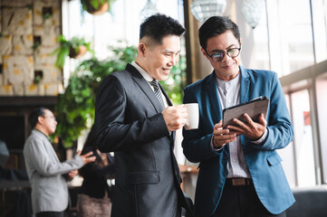 Business associate alliance meeting and celebrating goal achievement, team spirit, coaching engaging in corporate success, unity, good relations work result, reward