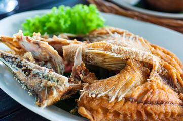 Fried Sea Bass with Fish Sauce serve on white plate, Thailand faverite food.