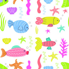 Hand drawn seamless pattern of fish, seaweed, seashells for nursery design. Flat illustration.