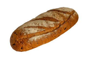 Loaf of whole wheat and rye bread on a white background.