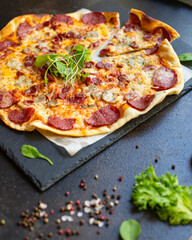 pizza meat salami sausage cheese tomato sauce
serving size fast food top view place copy space for text food background rustic 