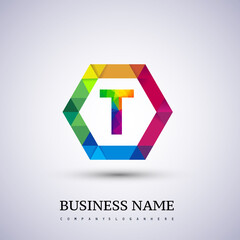 T letter colorful logo in the hexagonal. Vector design template elements for your application or company identity.entity.