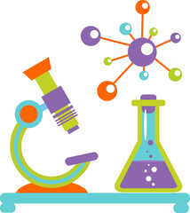 Biochemistry lab equipment microscope, conical flask vector design illustration