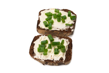 Brown bread and cheese isolated on white background.