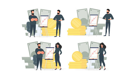 Obraz na płótnie Canvas Set for posters and presentations. The girl and the man show the report to the boss. Presentation with positive dynamics. Board for paper. Infographics. Business growth. Isolated. Vector.