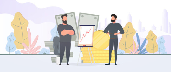 The guy shows a report to the boss. Presentation with positive dynamics. Board for paper. Infographics. Business growth. Vector.