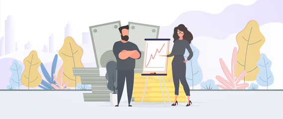 The girl shows a report to the boss. Presentation with positive dynamics. Board for paper. Infographics. Business growth. Vector.