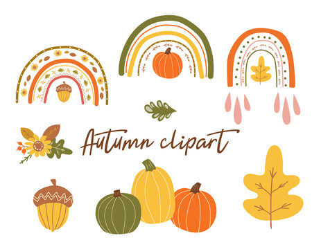 Autumn vector clipart. Autumn rainbow, cute fall pumpkin, leaves, fall flower, acorn. Autumn trendy set.
