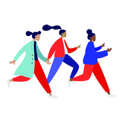 Three colorful characters are running in hurry, flat color illustration, young people are catching something, character pose